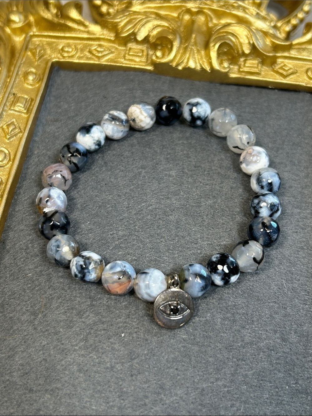 Dragon Vein Agate Stone Beaded Bracelet with 925 Sterling Eye Charm
